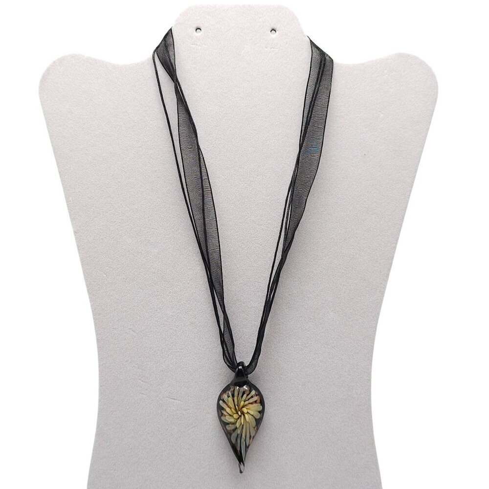Handcrafted Black Glass Pendant Necklace With Yellow Floral On Sheer Ribbon Cord
